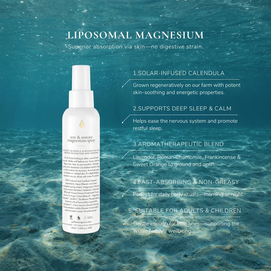 Rest & Restore Liposomal Magnesium Spray *limited edition with solar infused Calendula from our Farm - 100ml - Synthesis Organics